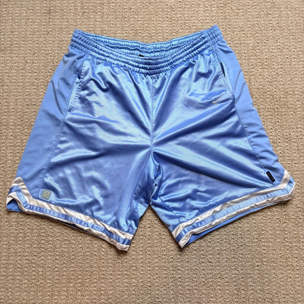 Nike Dri-FIT Basketball Shorts Mens Large Blue Shiny Satin Mesh Pockets 9 Inseam